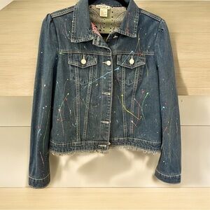OO LA LA Jean Jacket, Blue Denim, Size M,, Paint Splatters, Paisley Lini…